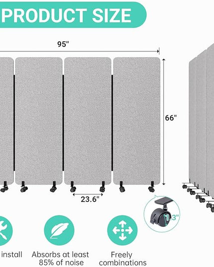 Soundproof Room Divider W/Wheels, 66in Office Dividers for Sound Proofing & Reducing, Sound Proof Dividers for Office Partitions Portable Acoustic Wall Divider (Cool Grey, 4 Panel-95''Wide)