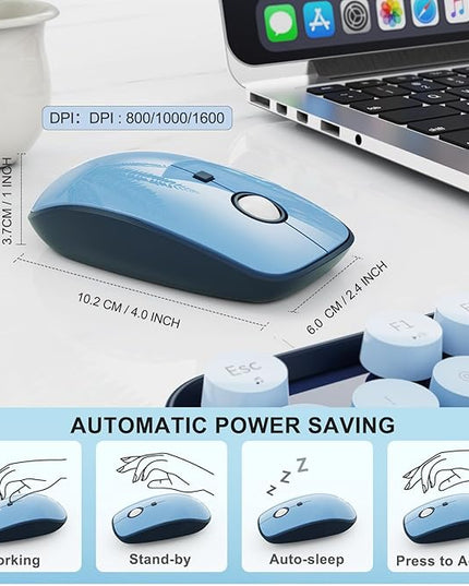 FOPETT Wireless Keyboard and Mouse Combo - 2.4G Full-Sized Cute Colorful Mouse and Keyboard with 104 Round Keys Retro Typewriter Keyboard for Laptop/Windows/PC - Blue Gradient