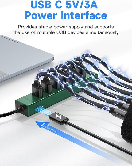 7 Ports USB 3.0 Hub, USB to Network HUB with 3.9ft Long Cable for Laptop, USB Splitter with Gigabit Ethernet Port and 5V/3A Power Port, MultiPort Aluminum Hub for iMac, PC, Flash Drives (Green)