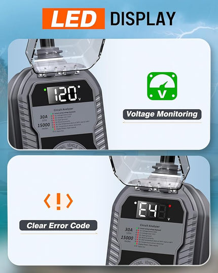 15,000J RV Surge Protector 30 Amp with LED Display, 30 Amp RV Surge Protector with Voltage Monitoring, Clear Error Codes, Comprehensive Detection, IP68 Waterproof Cover