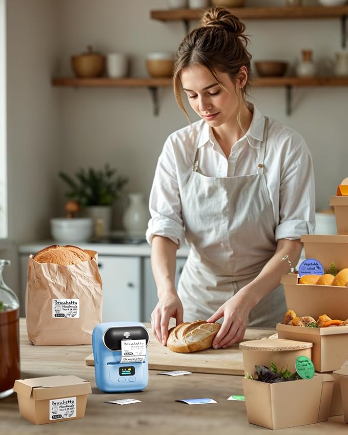 Phomemo Label Maker with 3 Labels- M110 Portable Bluetooth Label Maker Machine for Small Business, Barcode, Address, Logo, Clothing, Jerwery, Compatible with iOS & Android, Blue