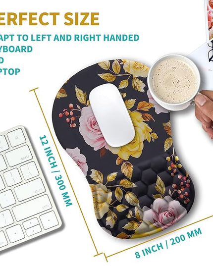 Hokafenle Ergonomic Mouse Pad Wrist Support, Wrist Rest Mousepad for Carpal Tunnel Pain Relief with Integrated Memory Foam Slope Massage Bulge (11.8x7.9 inch,Golden Powder Flower