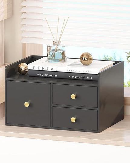 Bamboo Desk Organizer with Drawers Wooden Desktop Storage Drawers for Bills Office Supplies Kitchen Utensils Organizing Tool for Home Classroom Organization No Assembly (3 Drawer, Black)