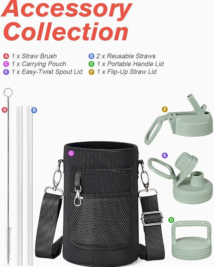 Coolflask Water Bottle 32 oz Insulated with Straw, Stainless Steel Metal 3 Lids Water Flask Wide Mouth for Sports or Office, Non-BPA Keep Cold Up to 48 Hrs or Hot Up to 24 Hrs, Grey Green