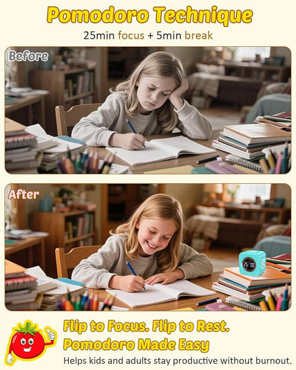 Digital Pomodoro Timer Cube 5/10/25/50min, Visual Productivity Flip Timer for Kids Classroom Desk, Custom Countdown, Silent and Sound Mode for ADHD Study Work Game Kitchen (Mint Green)