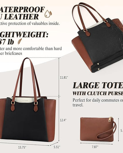 RAINSMORE Laptop Bag for Women 15.6 Inch Work Tote Bags Waterproof Computer Bags Leather Professional Laptop Purse Womens Laptop Briefcase Large Handbag for Office Teacher Travel, Black Brown White