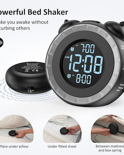 uscce Loud Dual Alarm Clock with Bed Shaker - 0-100% Dimmer, Vibrating Alarm Clock for Heavy Sleepers or Hearing Impaired, Easy to Set, USB Charging Port, Snooze, Battery Backup