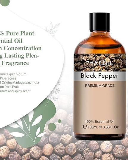 Black Pepper 3.38fl.oz Essential Oil, PHATOIL Pure Aromatherapy Oils for Diffuser, Humidifier, Perfect for DIY Soap, Candle, Bath Bombs Making(100ml)