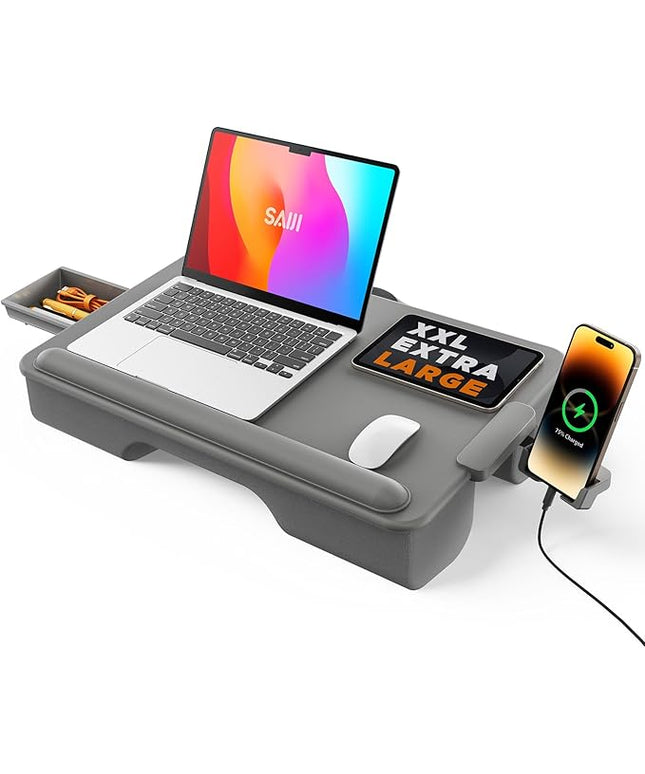 SAIJI Lap Desk with Cushion, Computer Laptop Stand, Lap Laptop Table, Built-in Drawer Storage, Phone Holder, Wrist Pad