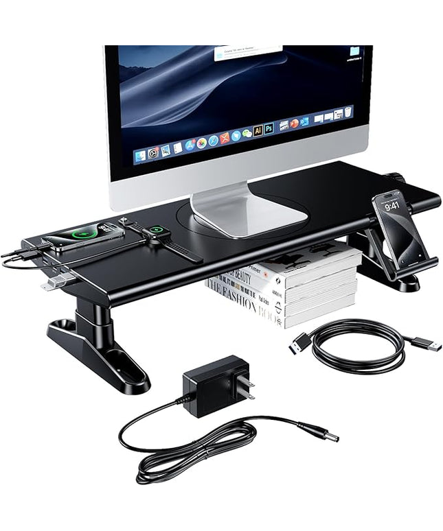 Computer Monitor Stand Riser for Desk with Usb Hub Charging,30W/5Gbps Usb C Docking Station with Power,4.5-6.3''Freely Height Adjustable with Phone Holder,Monitor Stands Riser for PC,Laptop,Printer,TV