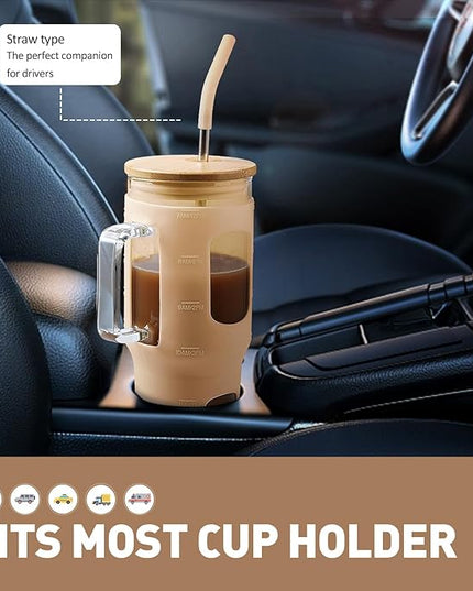 Glass Tumbler with Lid, 32 oz Glass Cup with Handle, Glass Water Bottles with Time Marker, 2 Straws - Pearl Straw & Silicone Protective Sleeve - Amber
