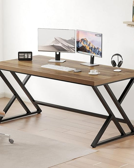 LVB Wood Computer Desk, Rustic Home Office Executive Desk for Bedroom, Industrial Wooden Computer Writing Study Work Gaming Table, Modern Metal PC Student Simple Desk with Storage, 55 Inch, Rustic Oak