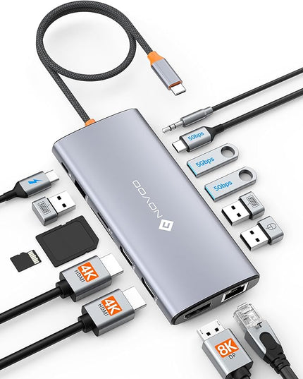 NOVOO USB C Docking Station Dual Monitor for Laptop, 14 in 1 Hub Adapter Thunderbolt 3 to Dual 4K60 HDMI+8K30 DP USB C/A Data 100W PD RJ45 SD/TF Audio