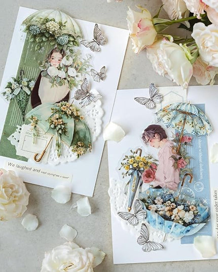 Dwpetzo 120Pcs Aesthetic Scrapbook Stickers for Scrapbooking, 6 Assorted Set Watercolor Umbrella Floral Decorative PET Stickers for Journaling, Junk Journal Supplies, Bujo, Collage, Craft Arts