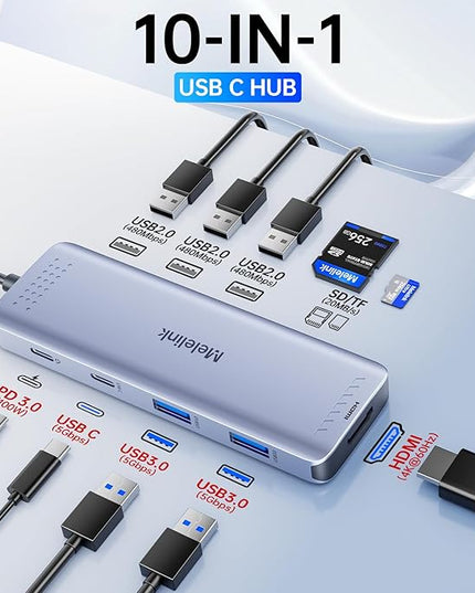 USB C Hub Multiport Adapter for MacBook Pro/Air, 10 in 1 USB C Dongle Mac HDMI Adapter, USBC Dock Compatible for iPad Pro, iMac, Dell, HP, Lenovo (4K@60Hz HDMI,SD/TF Card Reader,100W PD, 6 USB Ports)
