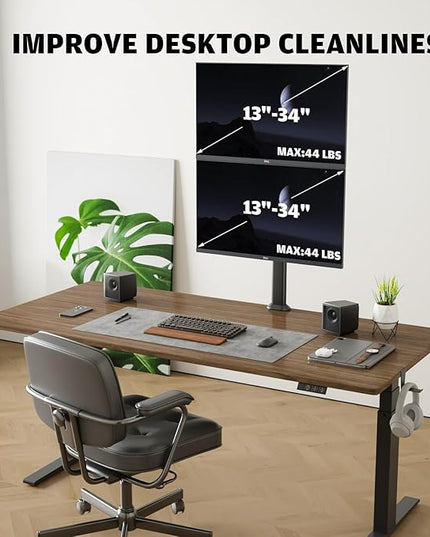 HEMUDU Dual Monitor Articulating Desk Mount Arm Stand - Vertical Stack Screen Supports Two 13 to 34 Inch Computer Monitors with C Clamp