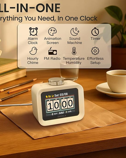 Dekala ChronoSense Alarm Clock for Bedroom Temperature Humidity, 7-Day Programmable 4 Alarms, 100dB Loud Gradual Alarm for Heavy Sleeper, Visual Timer Clock Radio，White Noise Sound Machine