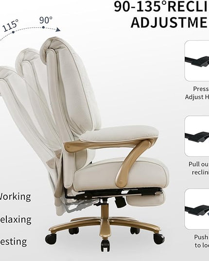 Big and Tall Executive Office Chair with Footrest, 400LBS Capacity Ergonomic High-Back Desk Office Chair with Lumbar Support, Padded Armrests & Thick Cushion, White PU Leather Chairs