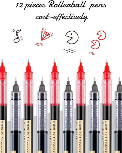 Frienda 12 Pieces Rolling Ball Pens 0.5 mm Japanese Quick Drying Fine Point Pens Liquid Ink Smooth Writing for Office Student Back to School Supplies(Black and Red)