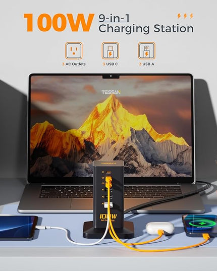 Charging Station PD 100W, TESSAN 9-in-1 USB C Power Strip for iPhone 17/16/15, MacBook, Tablet, Desktop Phone Fast Charger with 3 AC, 3 USB-A Ports, Home Drom Office Accessories