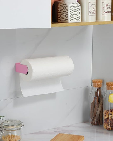 YIGII Paper Towel Holder Under Cabinet, Pink Stainless Steel, Adhesive Wall Mount Roll Rack for Kitchen and Bathroom
