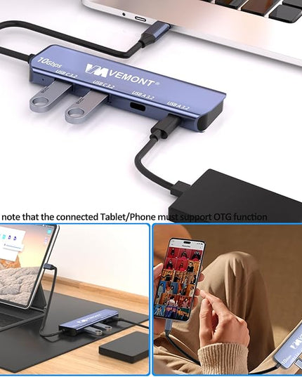 USB C Hub 3.2 10Gbps, VEMONT Aluminum USB 3.2 Hub with 2 USB-C and 2 USB-A Data Ports, Ultra Slim USB 3.2 Gen 2 Hub for MacBook Pro/Air 2022/2021, iPhone 15, iPad Pro, XPS, Surface Pro and More