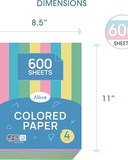 Alitte Colored Paper 8.5 x 11 - Copy Paper, 600-Pack Letter Size for Printer, Arts & Crafts, DIY Projects - Pink, Green, Blue, Yellow - School & Office Supplies - 150 Sheets Per Color