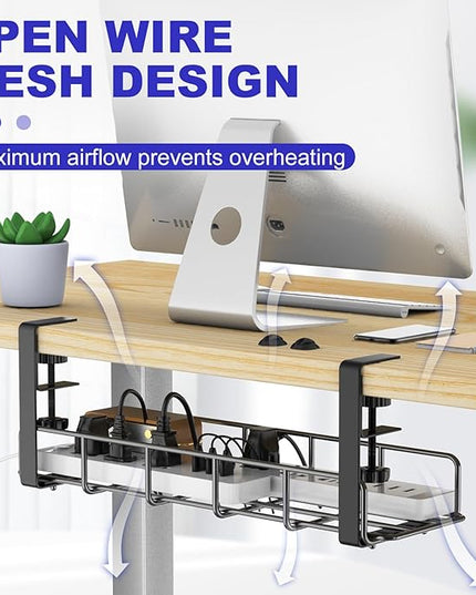 15.7” Under Desk Cable Management Tray, No Drill Steel Cable Tray Organizers, Wire Management Tray Cable Rack with Clamp Mount, Metal Under Desk Tray with Wire and Cord Organizer (Black, 1 Pack)