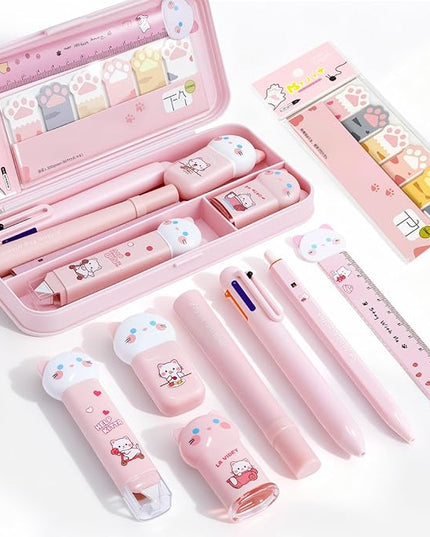 9Pcs Pink Cute Cat Stationery Gifts Set School Supplies Kawaii Japanese Stationery Christmas Birthday GIFS Includes Pencil Sharpener Highlighter Correction Tape Pens Ruler for Office School Supplies