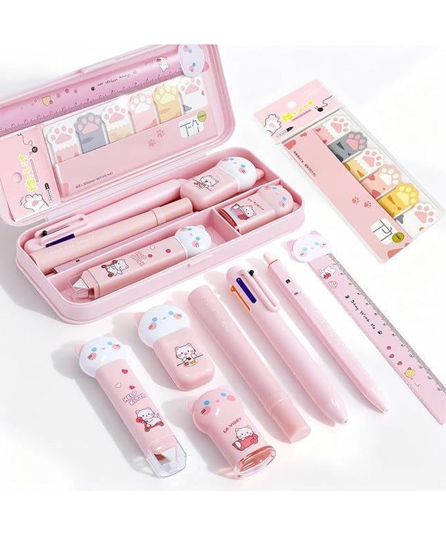 9Pcs Pink Cute Cat Stationery Gifts Set School Supplies Kawaii Japanese Stationery Christmas Birthday GIFS Includes Pencil Sharpener Highlighter Correction Tape Pens Ruler for Office School Supplies
