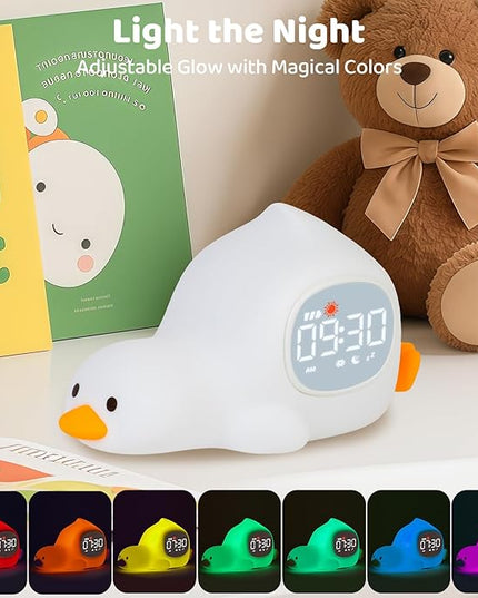 Laying Duck Alarm Clock with Night Light for Kids with Sleep Training and Sound Machine, Rechargeable Silicone Lamp OK to Wake Clock，Cute Animal Tabletop Lamp, Perfect Sleep Companion for Boys Girls