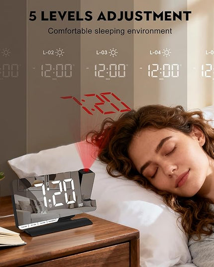 SZELAM Digital Clock,Alarm Clock Bedside with Projection,7.3" Mirror Clock with 180°Rotating Projector,Dual Alarm with 3 Mode,Brightnee Adjust,DST,Snooze,Charging Port,5 Levels Volume for Desk Teens