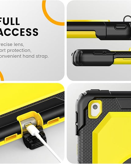 Timecity Case for iPad 9th/ 8th/ 7th Generation 10.2 inch - Heavy Duty Protective Cover with Screen Protector, Rotating Stand, Shoulder Strap & Pencil Holder | Kids-Friendly (Yellow)