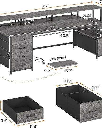 SEDETA 75'' Computer Desk with 5 Drawer, Power Outlet & Led Lights, Home Office Desk with File Drawer, Storage Shelves, Printer Cabinet and Monitor Shelf, 23.6" W Large Desktop Gaming Desk, Grey