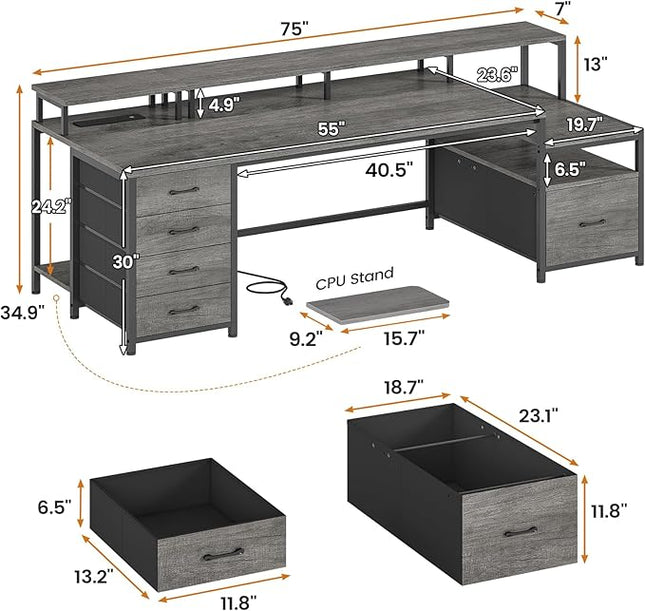 SEDETA 75'' Computer Desk with 5 Drawer, Power Outlet & Led Lights, Home Office Desk with File Drawer, Storage Shelves, Printer Cabinet and Monitor Shelf, 23.6" W Large Desktop Gaming Desk, Grey