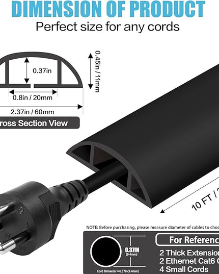 Floor Cord Cover Cavity 0.8"x0.37" Self Adhesive Cord Hider, 10FT Low Profile Cable Management, Extension Strip Protector for Wires, Prevent Cable Trips for Offices, Gyms, Exhibitions（Black）