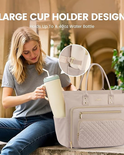 LOVEVOOK Teacher Tote Bag for Women Work, Laptop Bag With Large Cup Holder, Nurse Bags Professional Briefcase Business Computer Purses Handbag,Light Pink,15.6 Inch