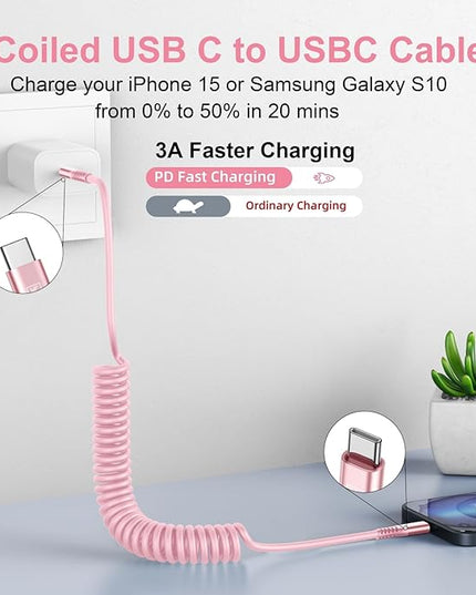 USB C to USB C Cable [3FT+6FT], 2Pack Coiled USBC Cable for Car USB Type C Fast Charging Cable, CarPlay iPhone USB-C Cable/Android Auto USB C Cord for iPhone 17/16/ 15/Pro Max/Samsung Galaxy S23-Pink
