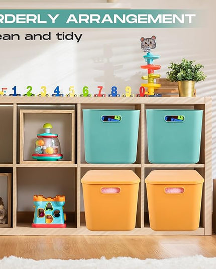 Hoolerry 8 Pieces Colorful Storage Bins with Lid, Plastic Storage Basket Organizing Container Stackable Box with Handle for Shelves Desktop Playroom Office(14.2 x 10.2 x 9.5 Inch,Green and Yellow)