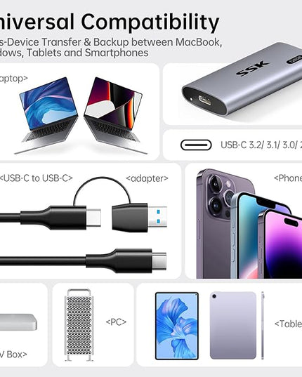 SSK 128GB SSD External Hard Drive, Portable SSD Up to 550MB/s Fast Solid State Drives, External Drive USB 3.2 Gen2 for iPhone 15/Pro, Windows, Mac, Android with LED Light, Trim, Smart Supported