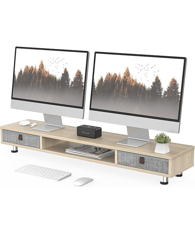 Fenge Monitor Stand, Dual Monitor Stand with 2 Drawers, Monitor Riser for 2 Monitors, Adjustable Height Computer Stand, Office Monitor Stands for Desk, Laptop, PC, TV, Printer