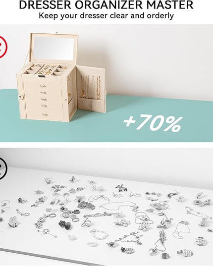 Frebeauty Large Jewelry Box,6-Tier PU Leather Jewelry Organizer,Multi-functional Storage Case with Mirror,Accessories Holder with 5 Drawers for Necklace Bracelets Watches(Beige)