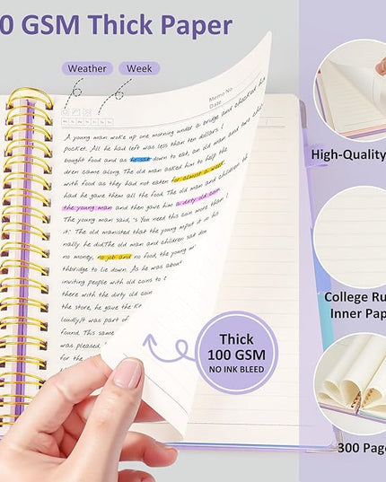 Hardcover Spiral Notebook Journal, 8"x10" Large B5 Notebooks with Removable Dividers Tabs, 300 Pages Leather 5 Subject Notebook College Ruled, Journal for Work School Note, 100 GSM Thick Paper,Purple.