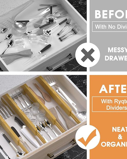 Bamboo Drawer Dividers Organizers, Kitchen Drawer Organizer, Adjustable Drawer Divider for Clothes, Kitchen, Dresser, Bedroom, Bathroom and Office, 4-Pack (Natural, 12-17 IN)