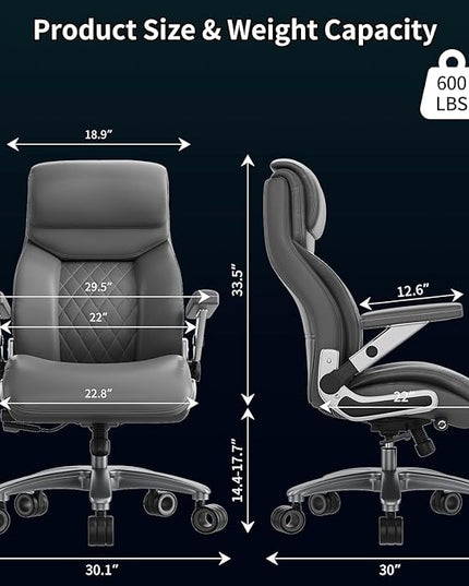 Big and Tall Office Chair with 5D Arms, 600lbs Heavy Duty Desk Chair with Adjustable Lumbar Support, PU Leather High Back Ergonomic Executive Computer Chair with 3'' Silent Casters