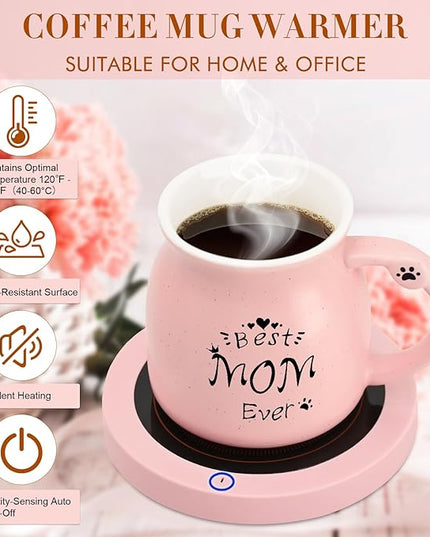 Coffee Mug Warmer, Best Mom Ever Mug, Cute Cat Mug Set, Cup Warmer for Desk, Gifts for Women, Pink Heated Warmer for Mom Home Office Christmas Birthday Gifts