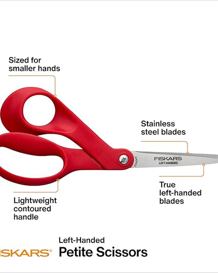 Fiskars Petite Left Handed Scissors, Crafting and Sewing Stainless Steel Scissors for Smaller Hands, Ergonomic Handle, Paper and Fabric Supplies for Office, Arts, and Crafts, Red
