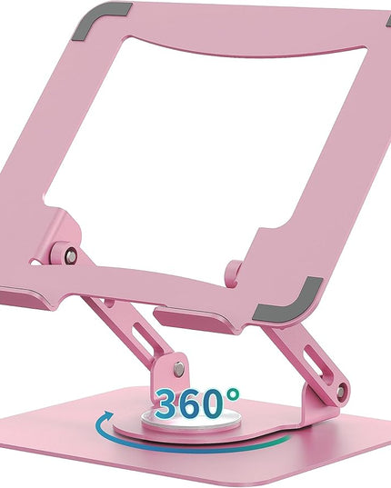 SOUNDANCE Laptop Stand with 360° Rotating Base, Ergonomic Computer Riser for Desk, Adjutable Height Muti-Angle, Foldable Laptop Mount, Stable Metal Holder Support 10-15.6" Notebook PC, Pink