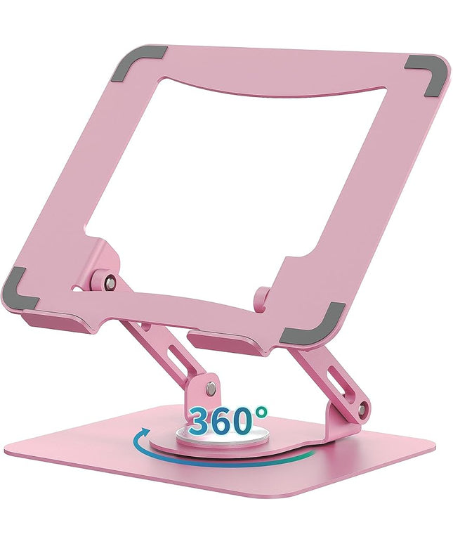 SOUNDANCE Laptop Stand with 360° Rotating Base, Ergonomic Computer Riser for Desk, Adjutable Height Muti-Angle, Foldable Laptop Mount, Stable Metal Holder Support 10-15.6" Notebook PC, Pink