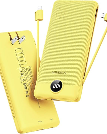 VEGER Portable Charger with Built-in AC Plug and Cables, All in One 10000mAh Ultra Slim Power Bank Travel Essentials, 15W Fast Charging Battery Pack Compatible with iPhone, Samsung, Android (Yellow)
